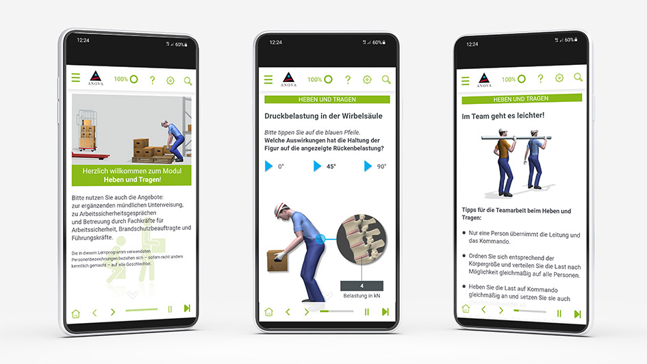 E-Learning Modul "Heben & Tragen" auf einem Smartphone
